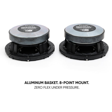 Rear view of Pride Solo 300 6.5 speakers, highlighting the aluminum baskets and eight-point mounting