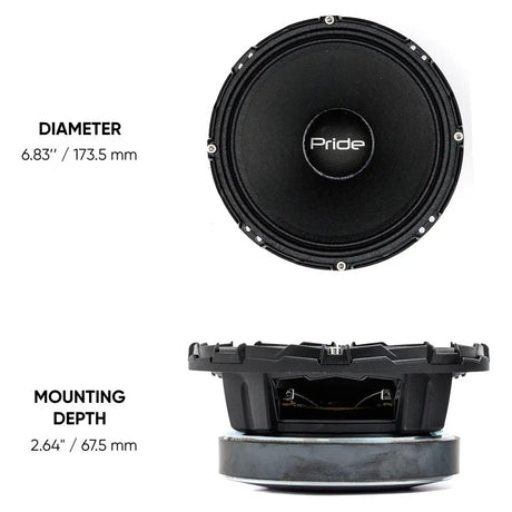 Pride speaker dimension graphic showing a 173.5 mm diameter and 67.5 mm mounting depth