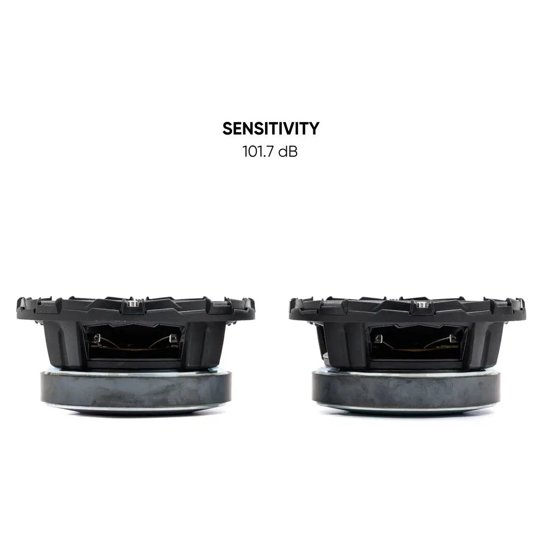 Pride speaker pair in side views with a 101.7 dB sensitivity callout