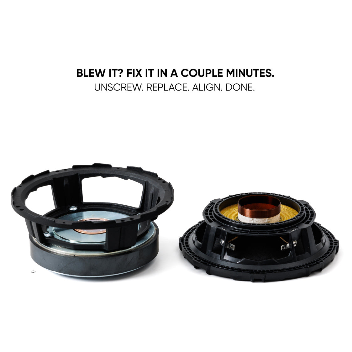 Speaker recone graphic showing the basket and cone module separated, with unscrew, replace and align steps
