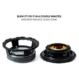Speaker recone graphic showing the basket and cone module separated, with unscrew, replace and align steps