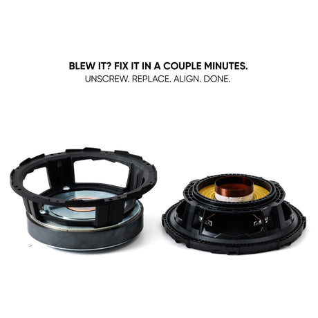 Speaker recone graphic showing the basket and cone module separated, with unscrew, replace and align steps