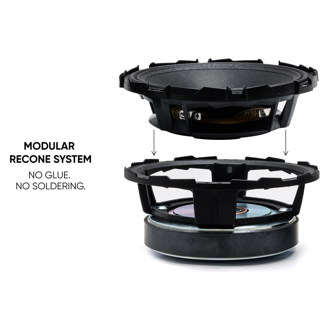 Pride speaker exploded-view graphic showing a modular recone system labeled as requiring no glue or soldering