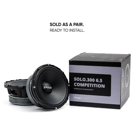 Pride Solo 300 6.5 Competition speaker pair beside its box, with a sold-as-a-pair message