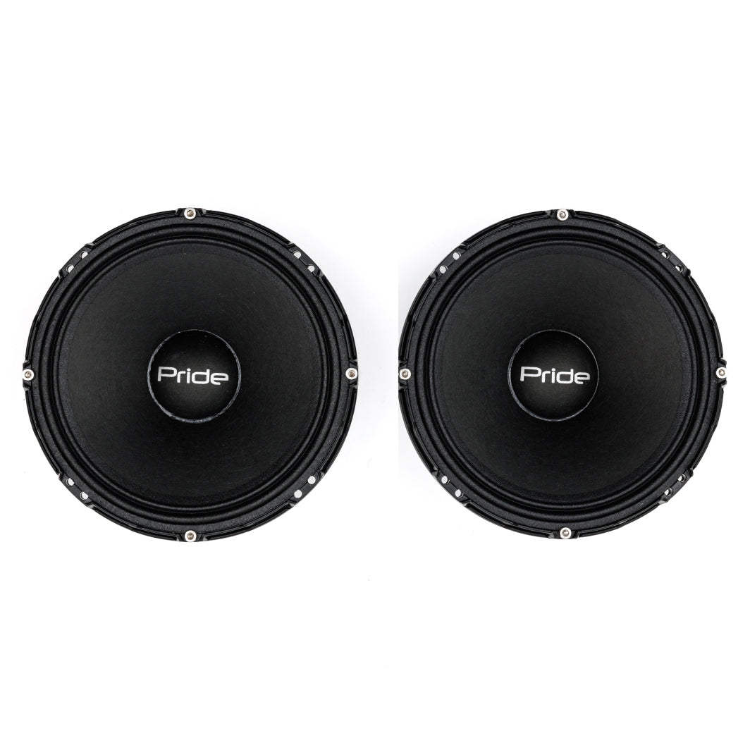 Front views of two black Pride speakers with silver mounting screws