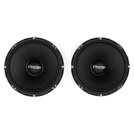 Front views of two black Pride speakers with silver mounting screws