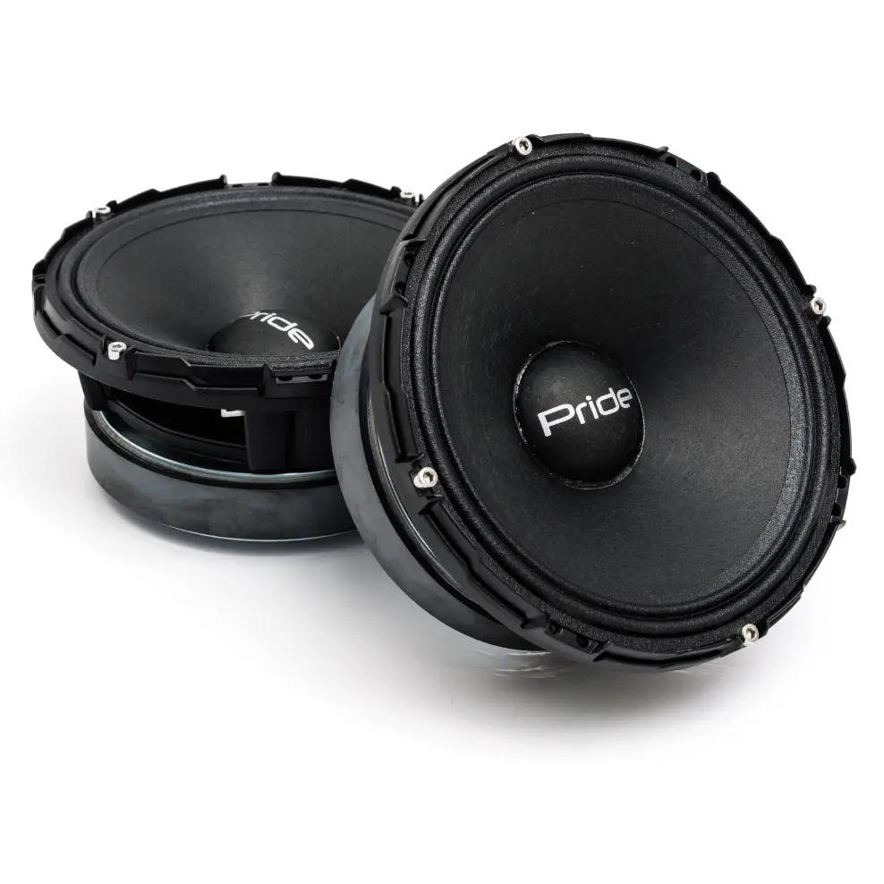 Two black Pride speakers shown upright and at an angle, with vented baskets and silver magnet assemblies