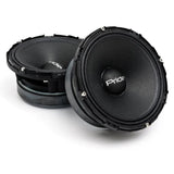 Two black Pride speakers shown upright and at an angle, with vented baskets and silver magnet assemblies