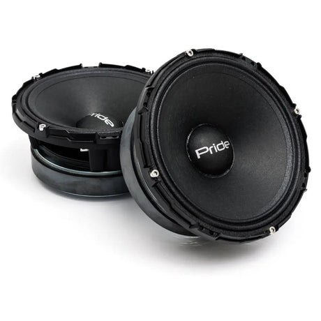 Two black Pride speakers shown upright and at an angle, with vented baskets and silver magnet assemblies