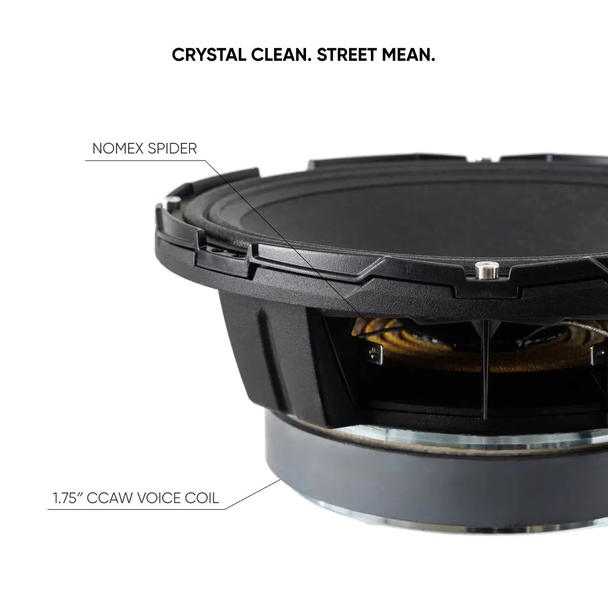 Pride Solo 300 speaker basket close-up identifying the Nomex spider and 1.75-inch CCAW voice coil