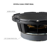 Pride Solo 300 speaker basket close-up identifying the Nomex spider and 1.75-inch CCAW voice coil