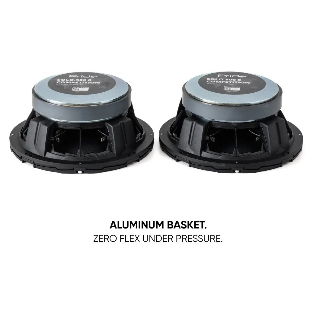 Rear view of Pride Solo 300 8 speakers, highlighting the aluminum baskets
