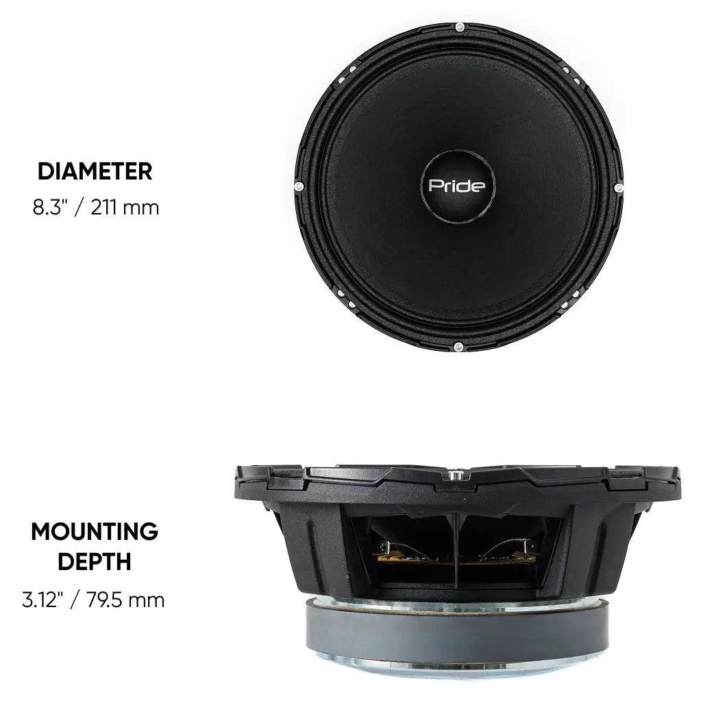 Pride Solo 300 8 dimensions: 211 mm diameter and 79.5 mm mounting depth