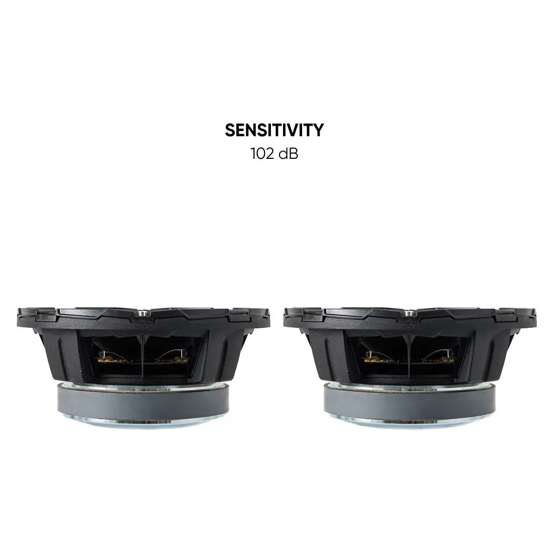 Side views of two Pride speakers with a 102 dB sensitivity callout