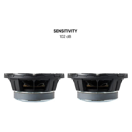 Side views of two Pride speakers with a 102 dB sensitivity callout