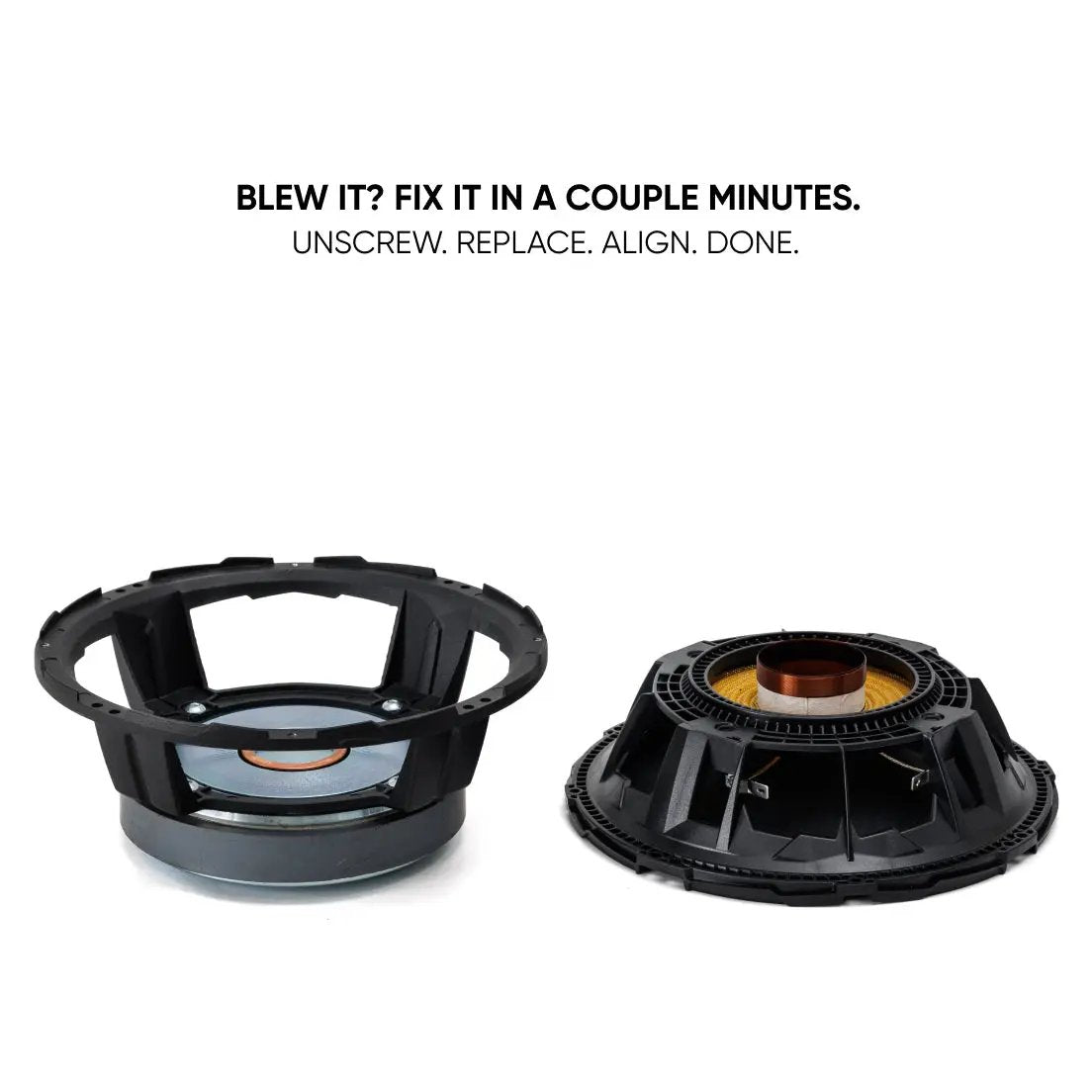 Speaker recone graphic showing separated basket and cone module with unscrew, replace and align steps