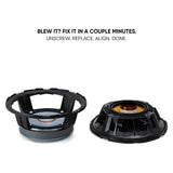 Speaker recone graphic showing separated basket and cone module with unscrew, replace and align steps