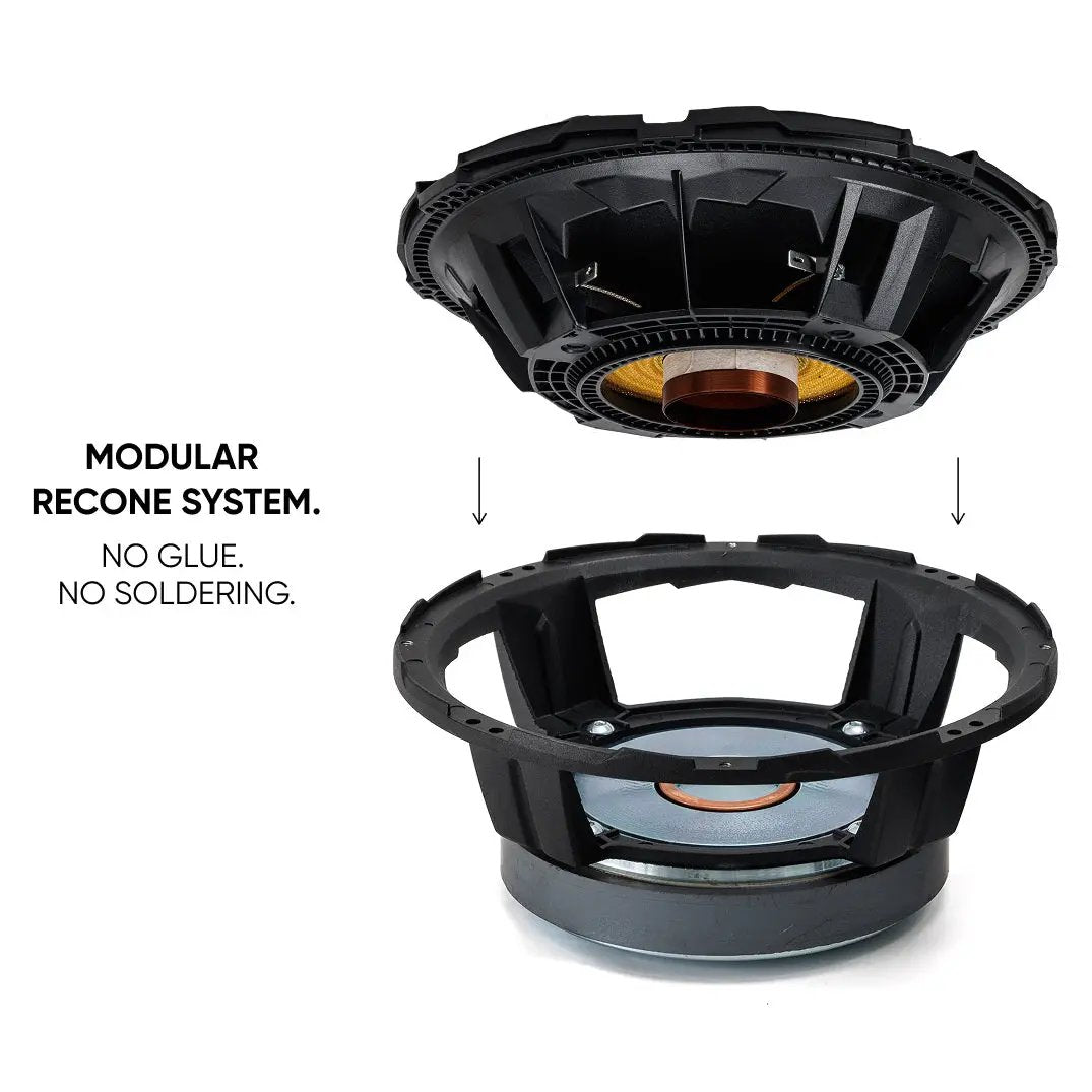 Exploded speaker recone graphic showing a removable cone module with no glue or soldering required