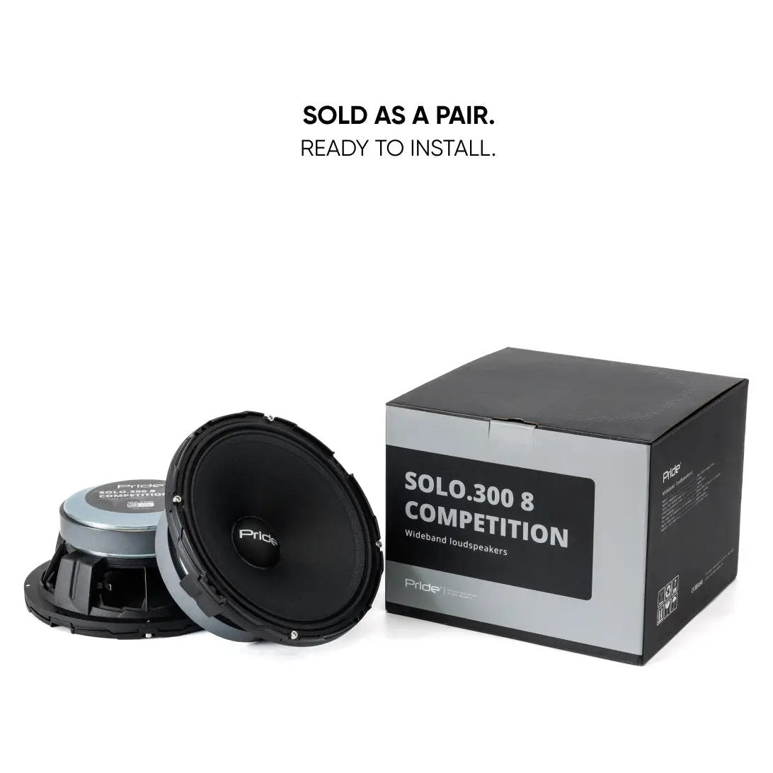 Pair of Pride Solo 300 8 Competition speakers beside their labeled box, with text stating sold as a pair