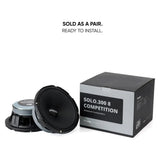 Pair of Pride Solo 300 8 Competition speakers beside their labeled box, with text stating sold as a pair