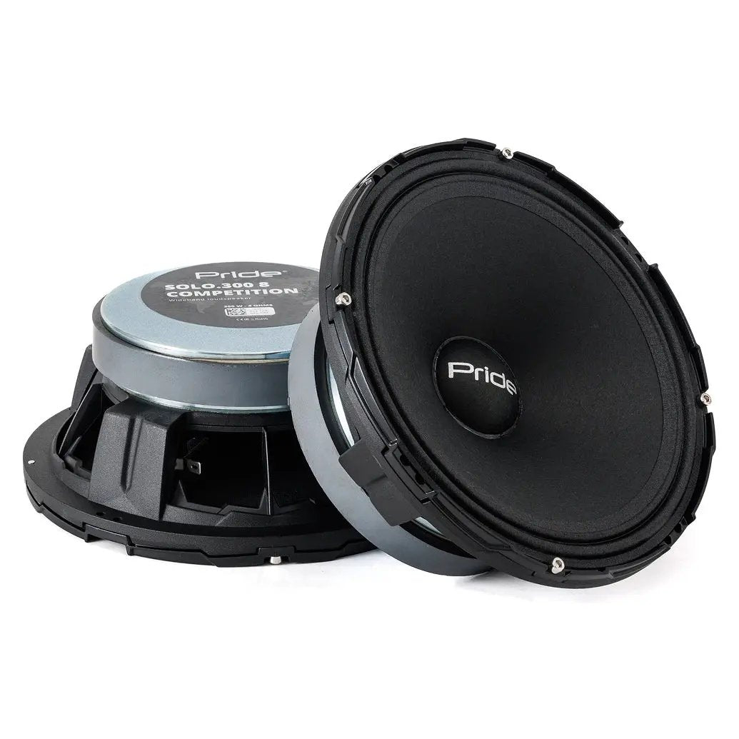 Upright front and rear views of Pride Solo 300 Competition speakers