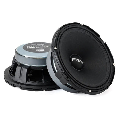 Upright front and rear views of Pride Solo 300 Competition speakers