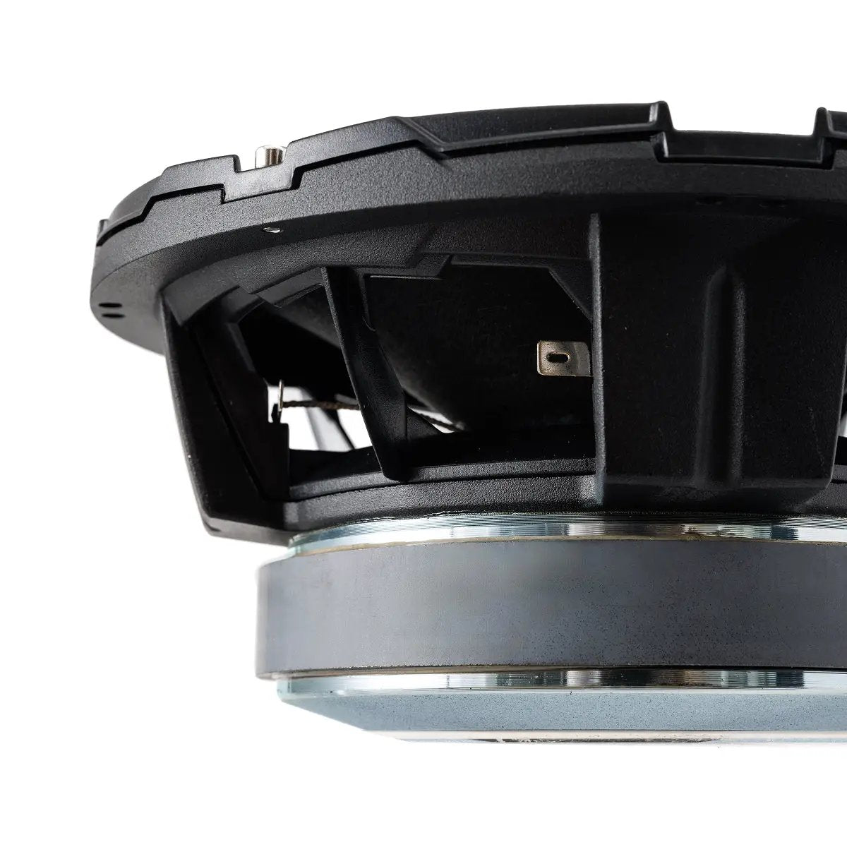 Close-up of a Pride Solo 300 8 speaker basket, terminals and magnet