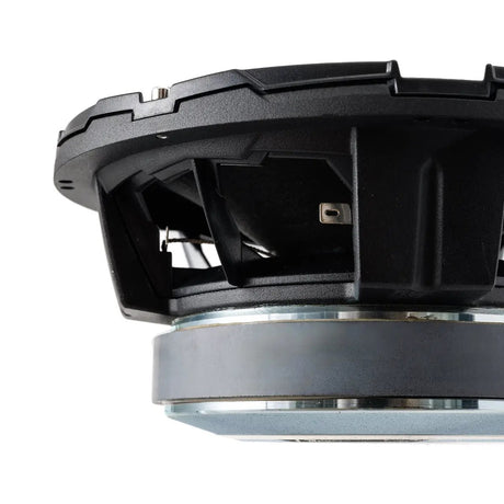 Close-up of a Pride Solo 300 8 speaker basket, terminals and magnet
