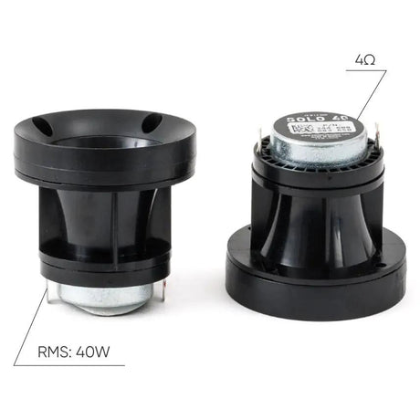 Pride Solo 40 horn tweeter graphic showing 40 W RMS and 4-ohm impedance