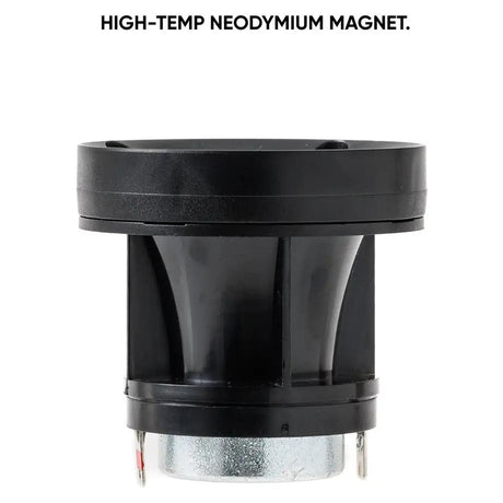 Side view of a black horn tweeter with a high-temperature neodymium magnet callout