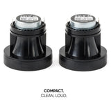 Rear angled view of two Pride Solo 40 horn tweeters with a compact-design message