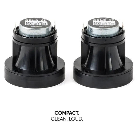 Rear angled view of two Pride Solo 40 horn tweeters with a compact-design message
