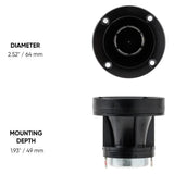 Pride Solo 40 tweeter front and side views labeled 64 mm diameter and 49 mm mounting depth