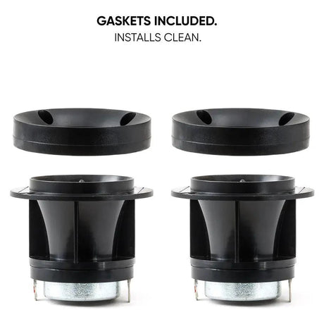 Pride Solo 40 tweeter pair with the mounting gaskets lifted above the horns, labeled gaskets included