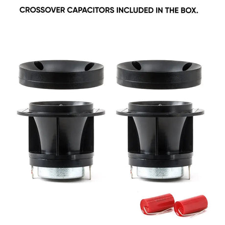 Exploded views of two horn tweeters with red capacitors identified as included in the box