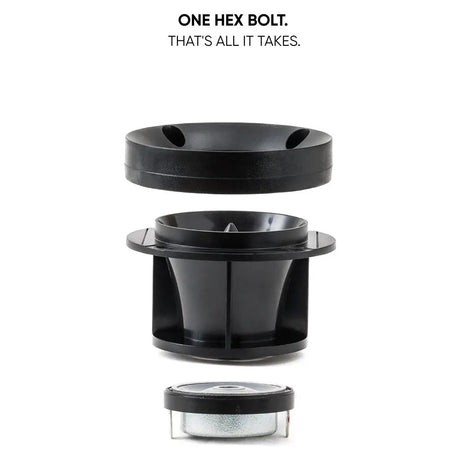 Exploded horn tweeter graphic showing its face, body and magnet separated using one hex bolt
