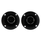 Front view of two black horn tweeters with three mounting holes each