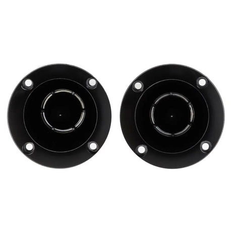 Front view of two black horn tweeters with three mounting holes each