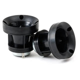 Two black horn tweeters shown from angled front and side views