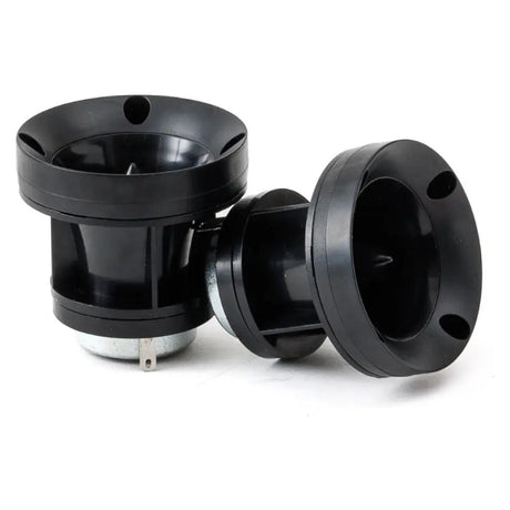 Two black horn tweeters shown from angled front and side views