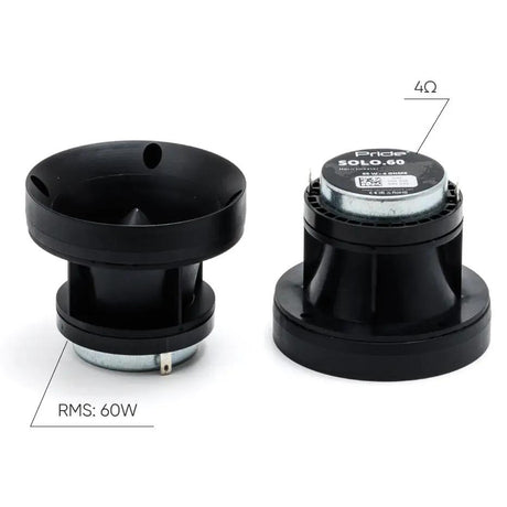 Pride Solo 60 horn tweeter graphic showing 60 W RMS and 4-ohm impedance