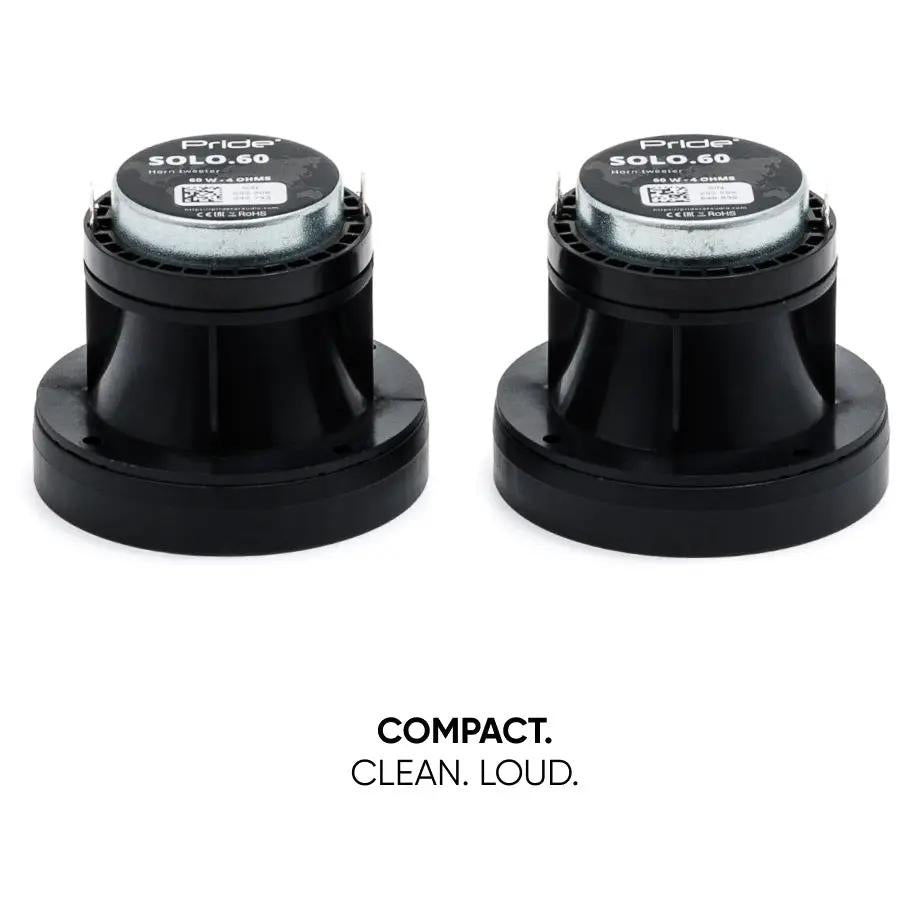 Rear view of a Pride Solo 60 tweeter pair, showing the labels and terminals