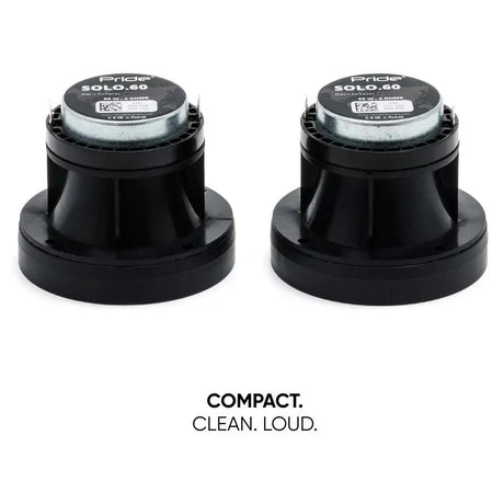 Rear view of a Pride Solo 60 tweeter pair, showing the labels and terminals