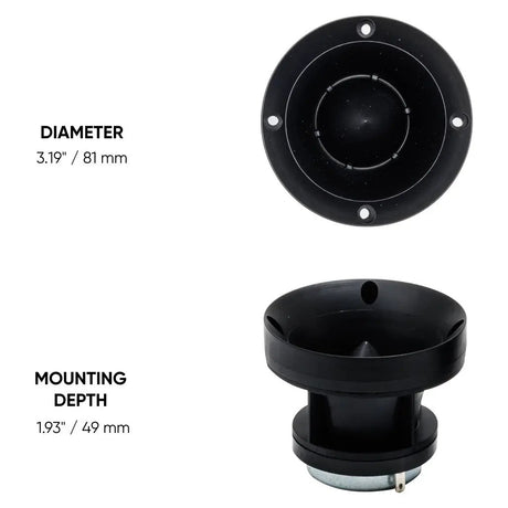 Horn tweeter dimension graphic showing an 81 mm diameter and 49 mm mounting depth