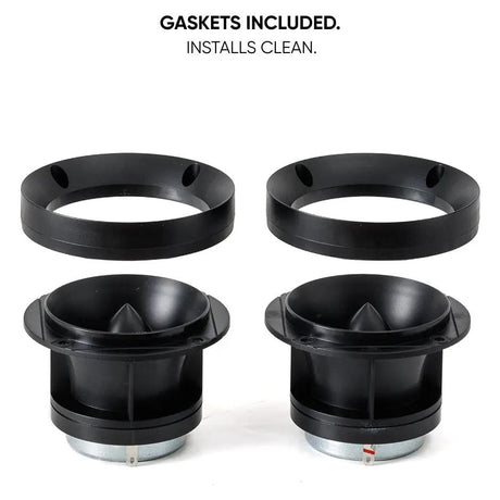 Two horn tweeters with removable gaskets shown above them and identified as included