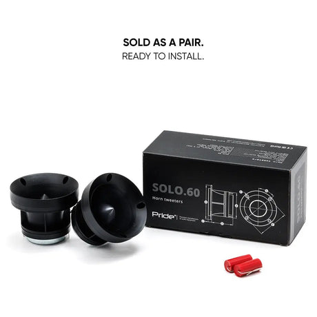 Pride Solo 60 horn tweeter pair, red capacitors and packaging with a sold-as-a-pair message