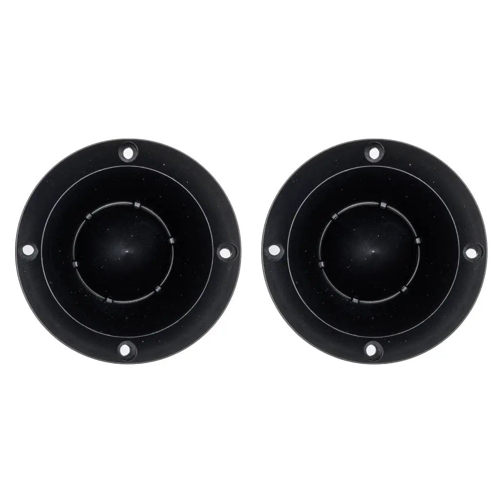 Front view of two black horn tweeters with round mounting flanges