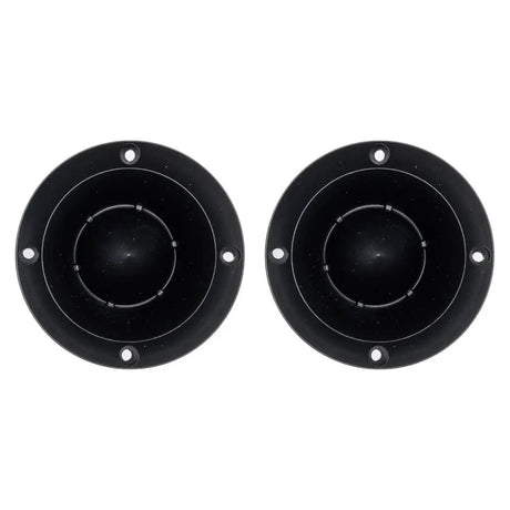 Front view of two black horn tweeters with round mounting flanges