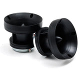 Two black horn tweeters shown from angled front and side views