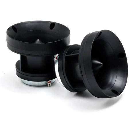Two black horn tweeters shown from angled front and side views